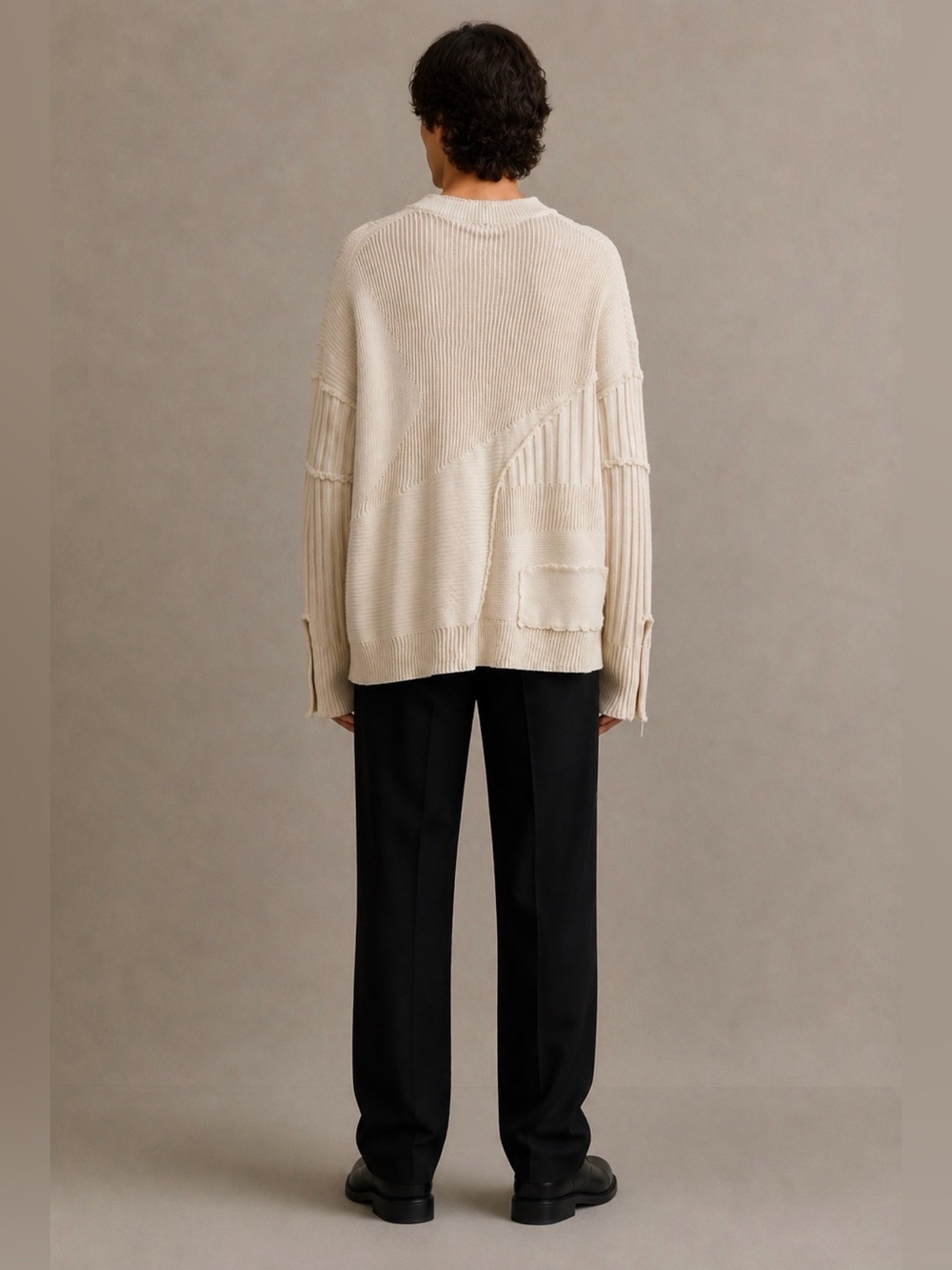 Helmut Lang Military Grunge Sweater L Ivory Patchwork Wool Cashmere Distressed - Picture 2 of 13